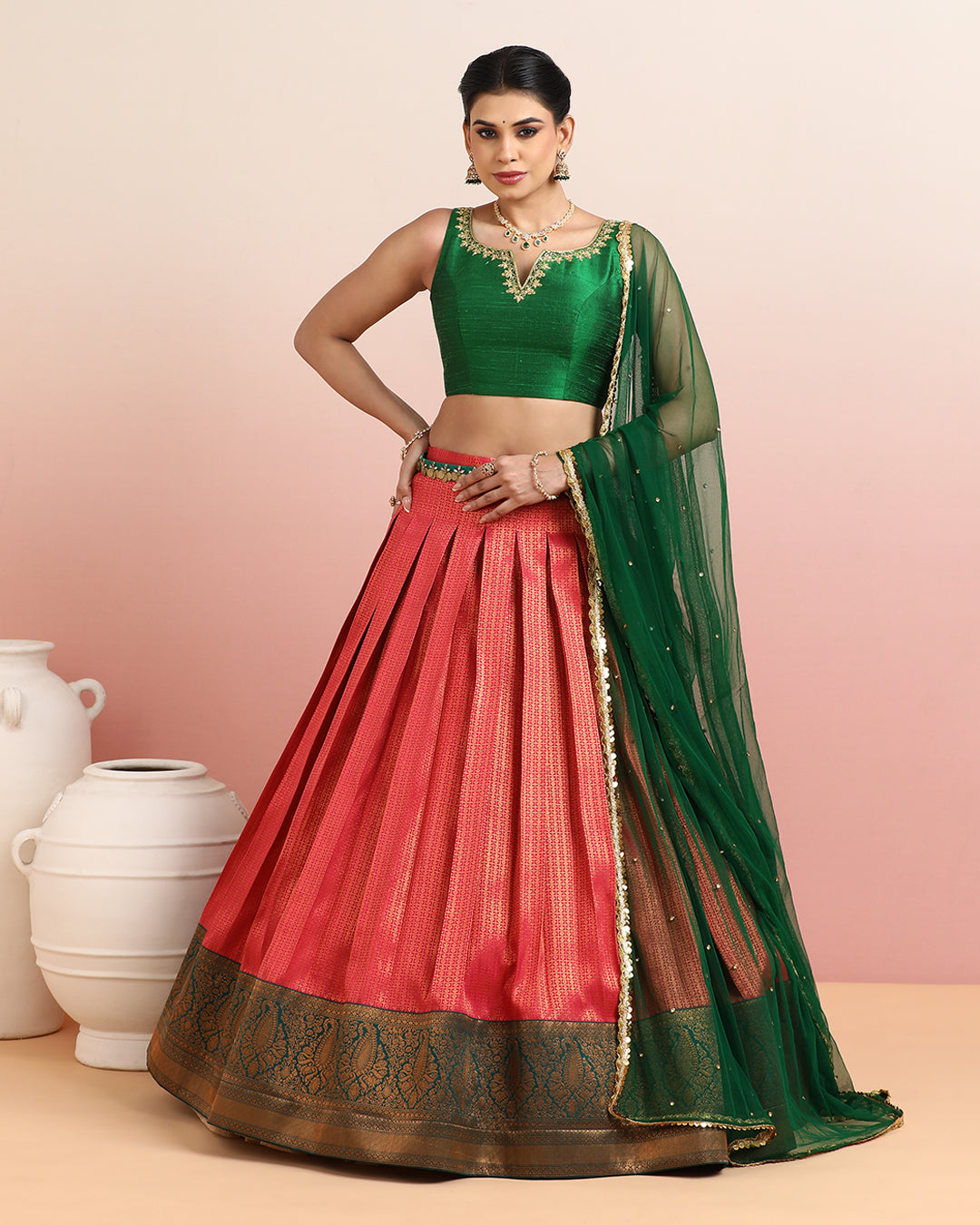 Peach Pleated Skirt with Bottle Green Crop Top Dupatta