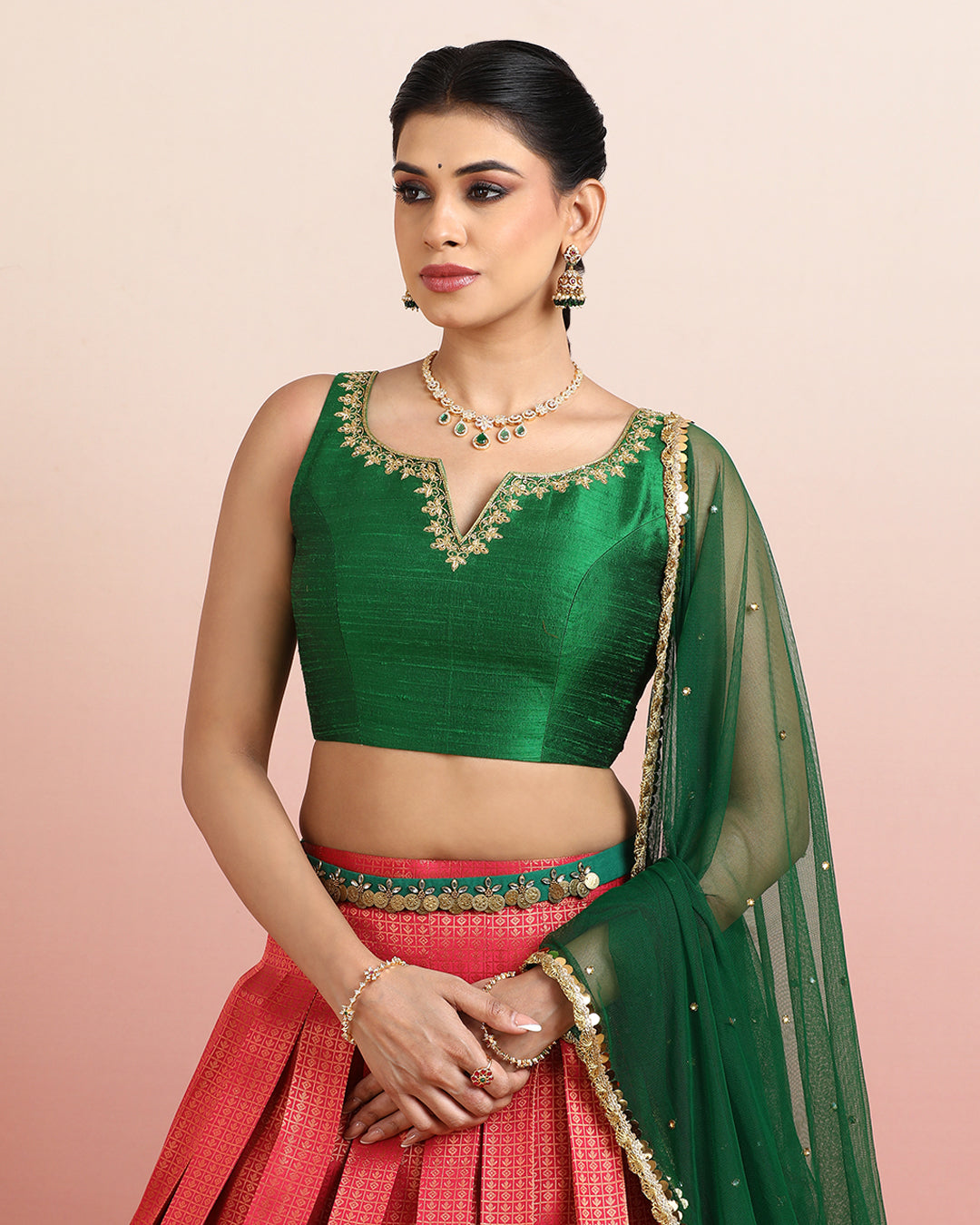 Peach Pleated Skirt with Bottle Green Crop Top &amp; Dupatta