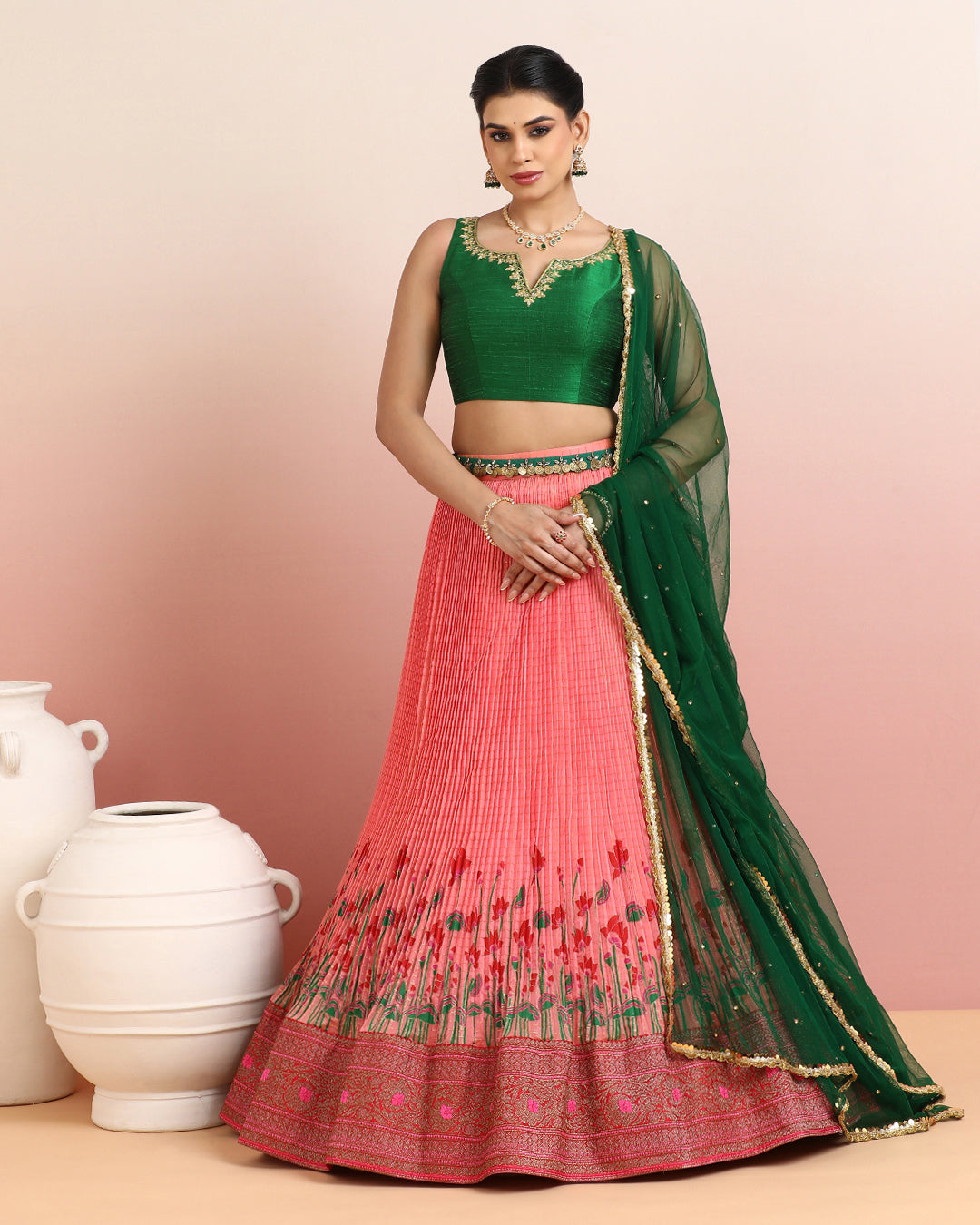 Green &amp; Peach Floral Lehanga Set