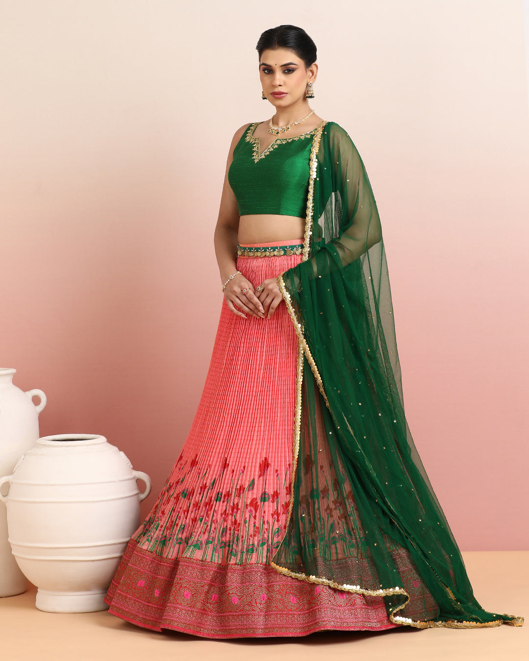 Green &amp; Peach Floral Lehanga Set