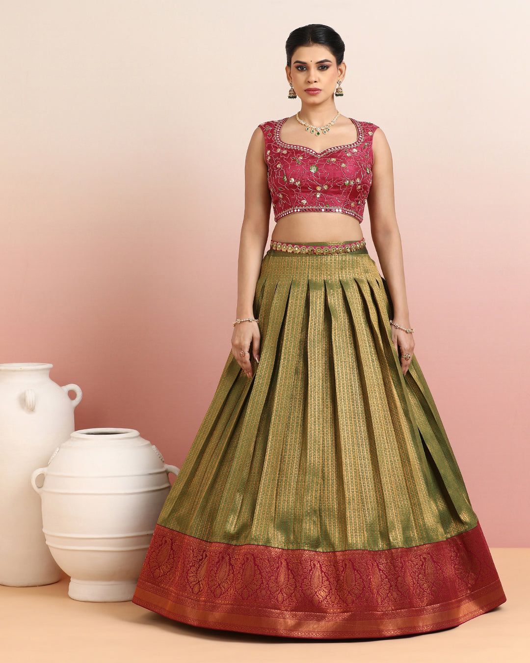 Maroon Embroidered Crop Top with Olive Green Skirt
