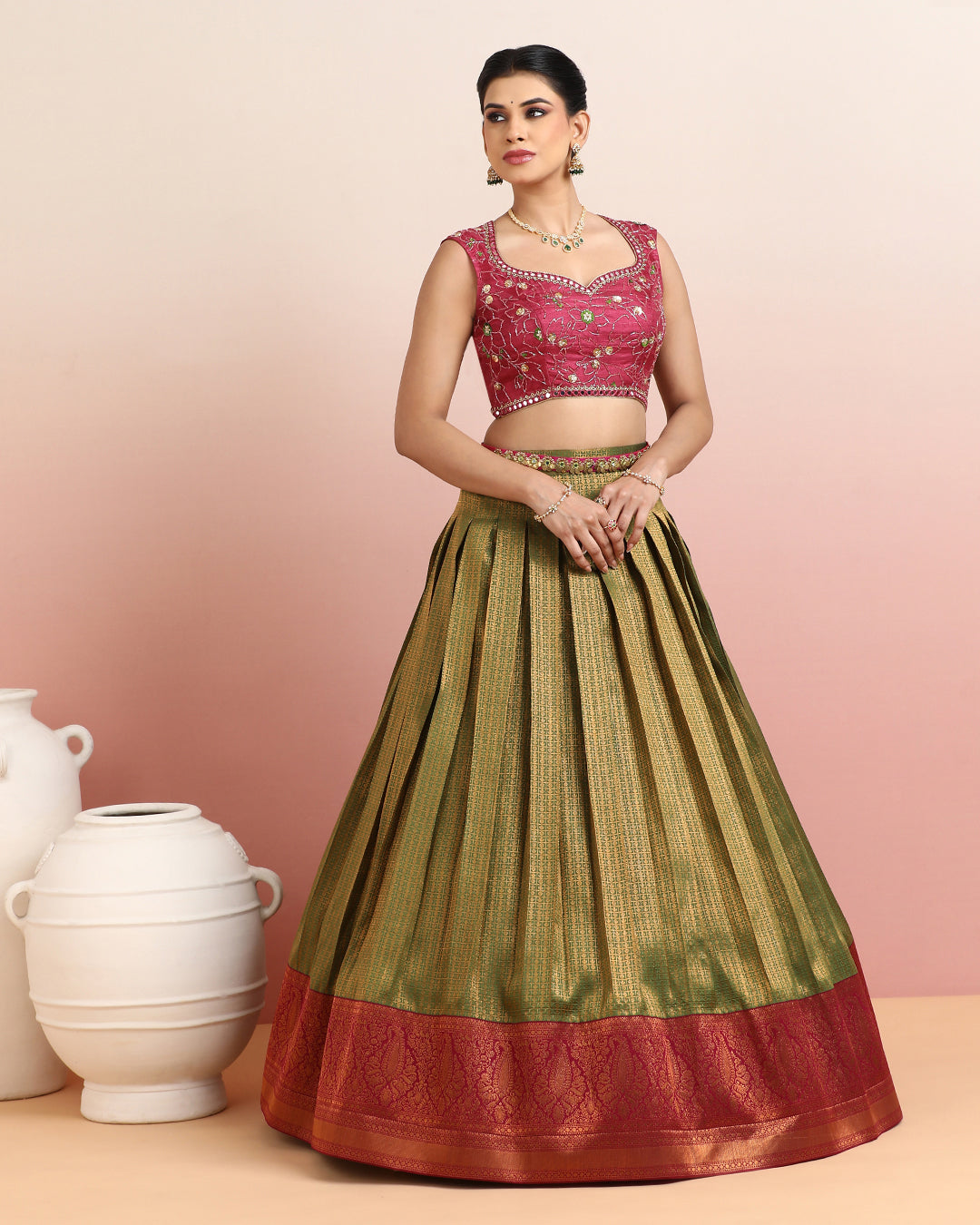 Maroon Embroidered Crop Top with Olive Green Skirt