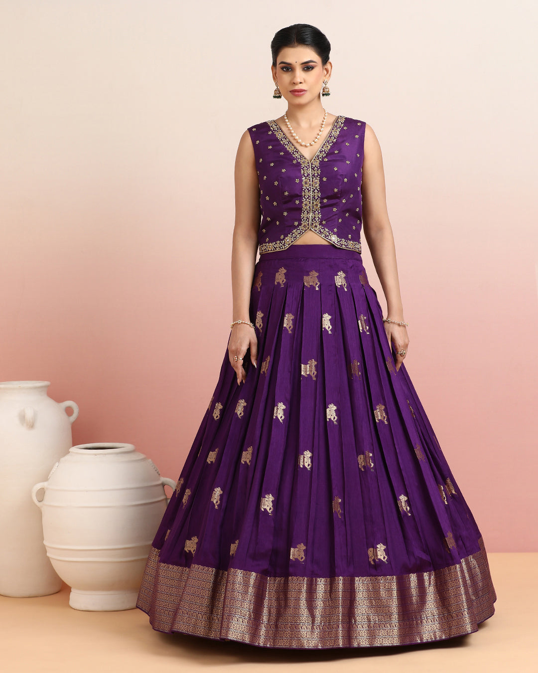 Purple Embellished Crop Top with Pichwai Motif Skirt