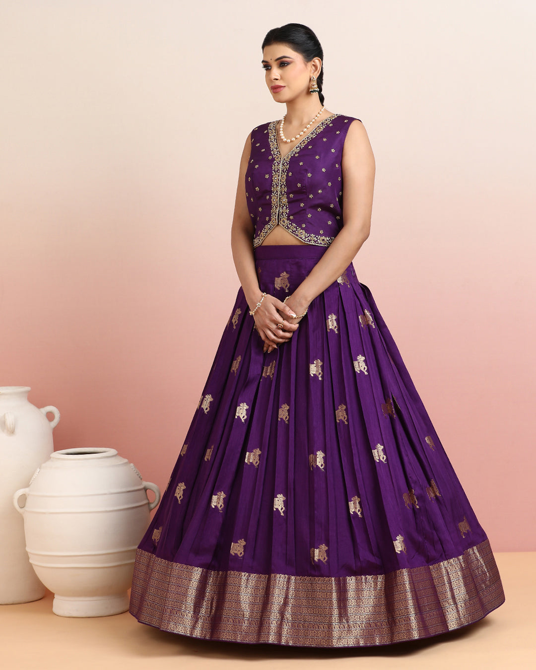Purple Embellished Crop Top with Pichwai Motif Skirt