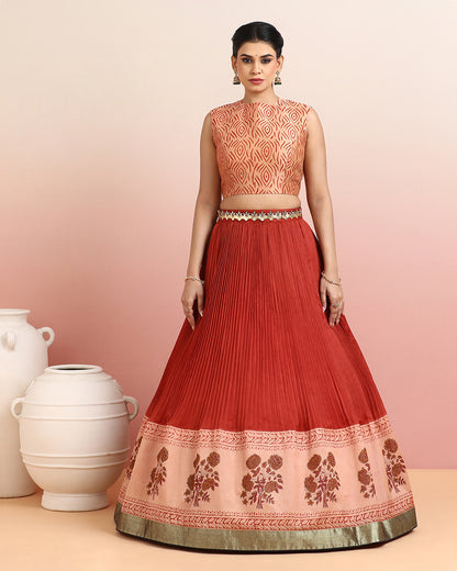 Hand Block Printed Rust Orange Crop top &amp; Skirt
