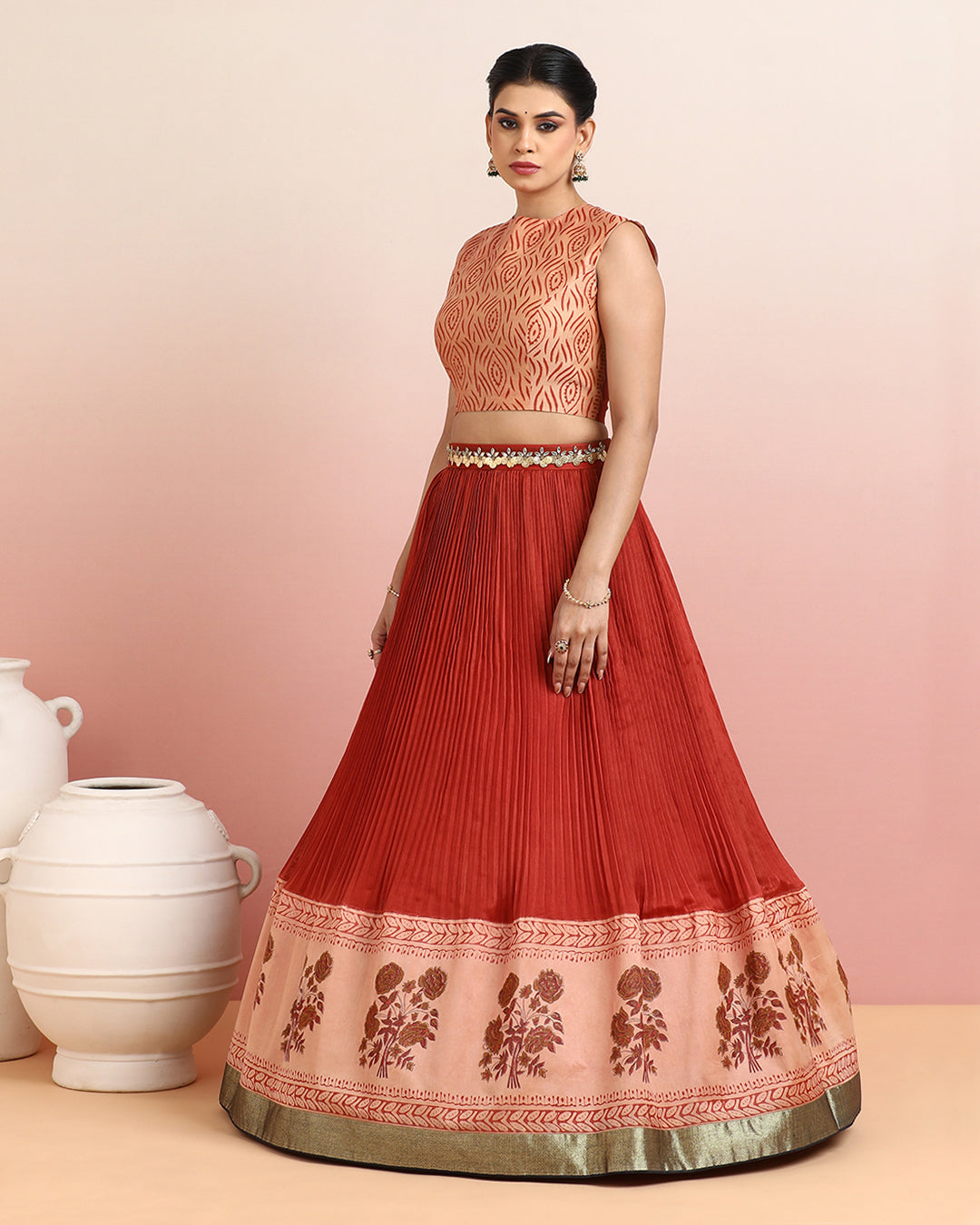 Hand Block Printed Rust Orange Crop top &amp; Skirt