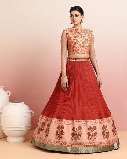 Hand Block Printed Rust Orange Crop top &amp; Skirt