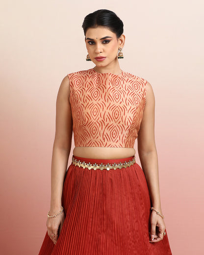Hand Block Printed Rust Orange Crop top &amp; Skirt