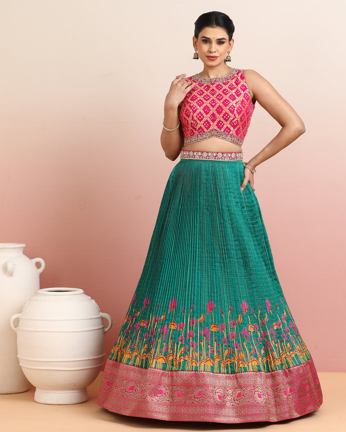 Red Bandhej Blouse with a Hand Block Printed Teal Green Skirt