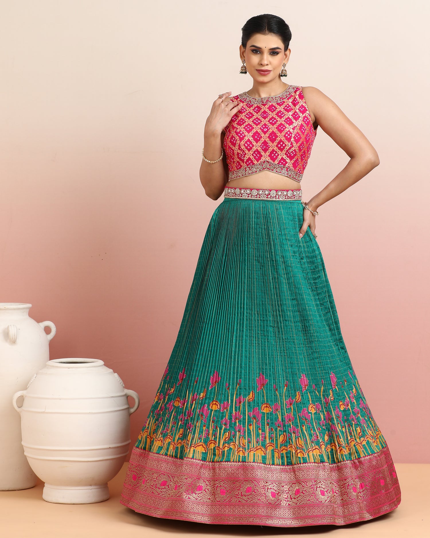Red Bandhej Blouse with a Hand Block Printed Teal Green Skirt