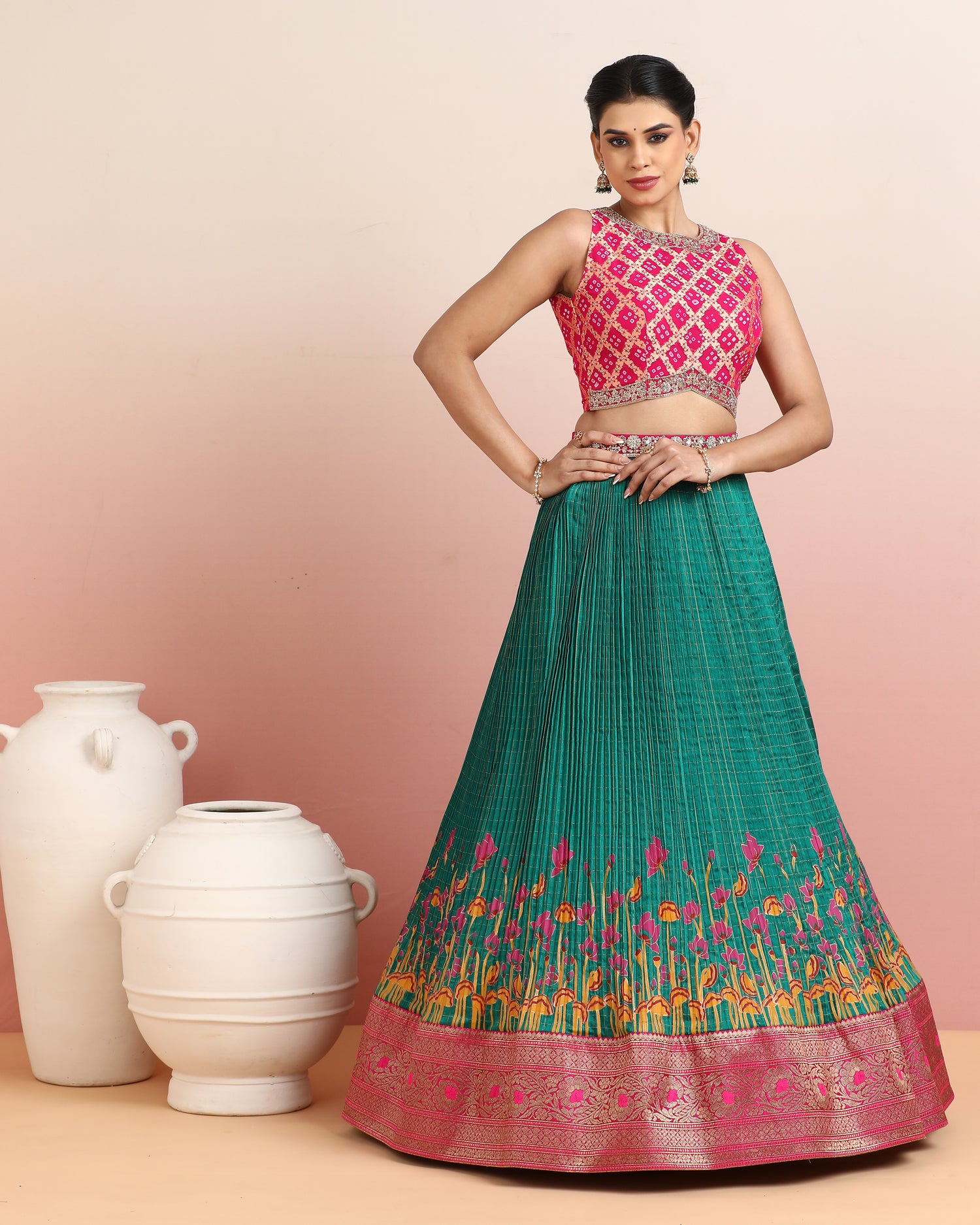 Red Bandhej Blouse with a Hand Block Printed Teal Green Skirt