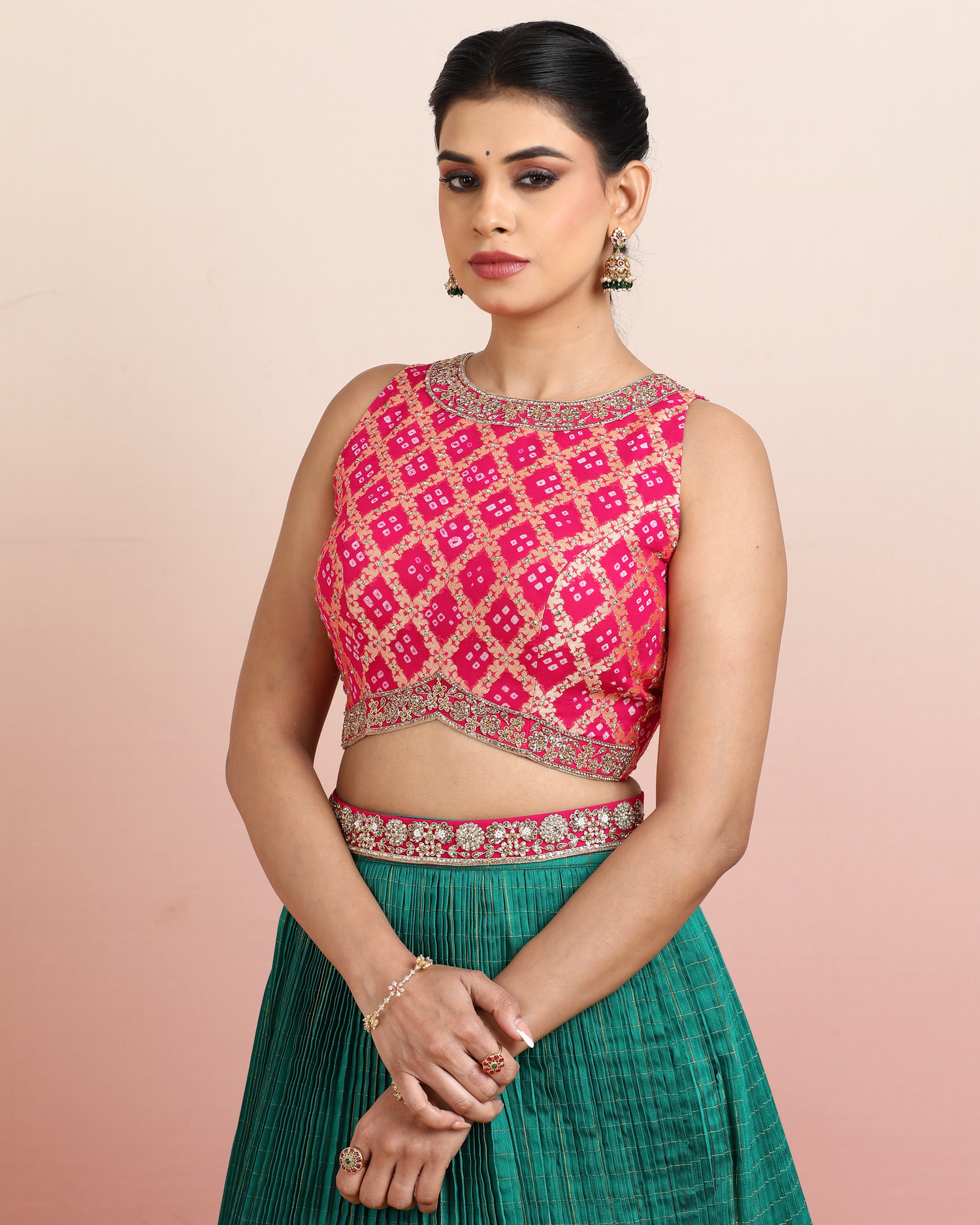 Red Bandhej Blouse with a Hand Block Printed Teal Green Skirt