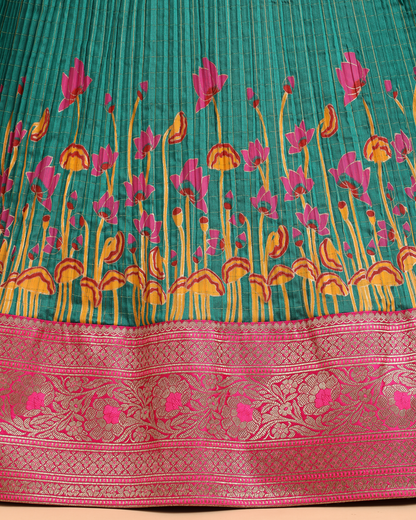 Red Bandhej Blouse with a Hand Block Printed Teal Green Skirt