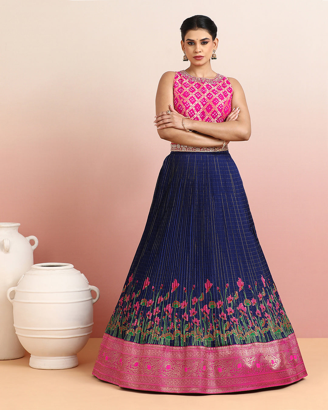 Pink Bandhej Blouse with a Hand Block Printed Navy Blue Skirt