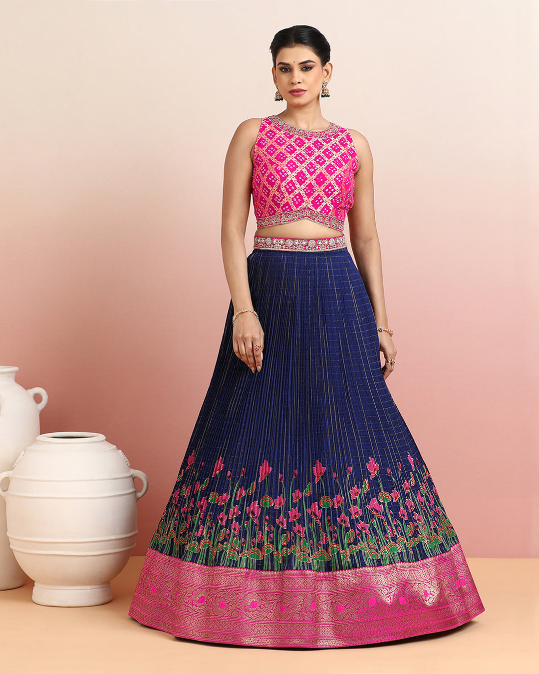 Pink Bandhej Blouse with a Hand Block Printed Navy Blue Skirt