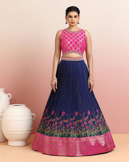 Pink Bandhej Blouse with a Hand Block Printed Navy Blue Skirt