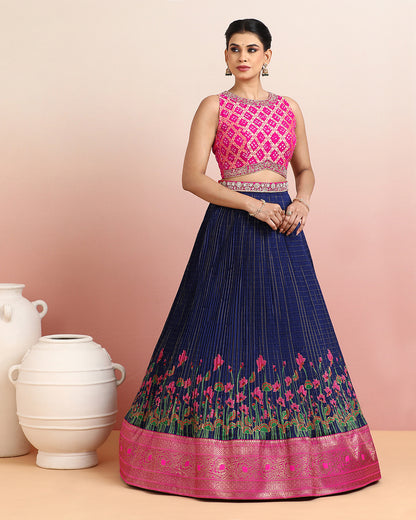 Pink Bandhej Blouse with a Hand Block Printed Navy Blue Skirt
