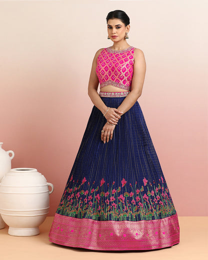 Pink Bandhej Blouse with a Hand Block Printed Navy Blue Skirt