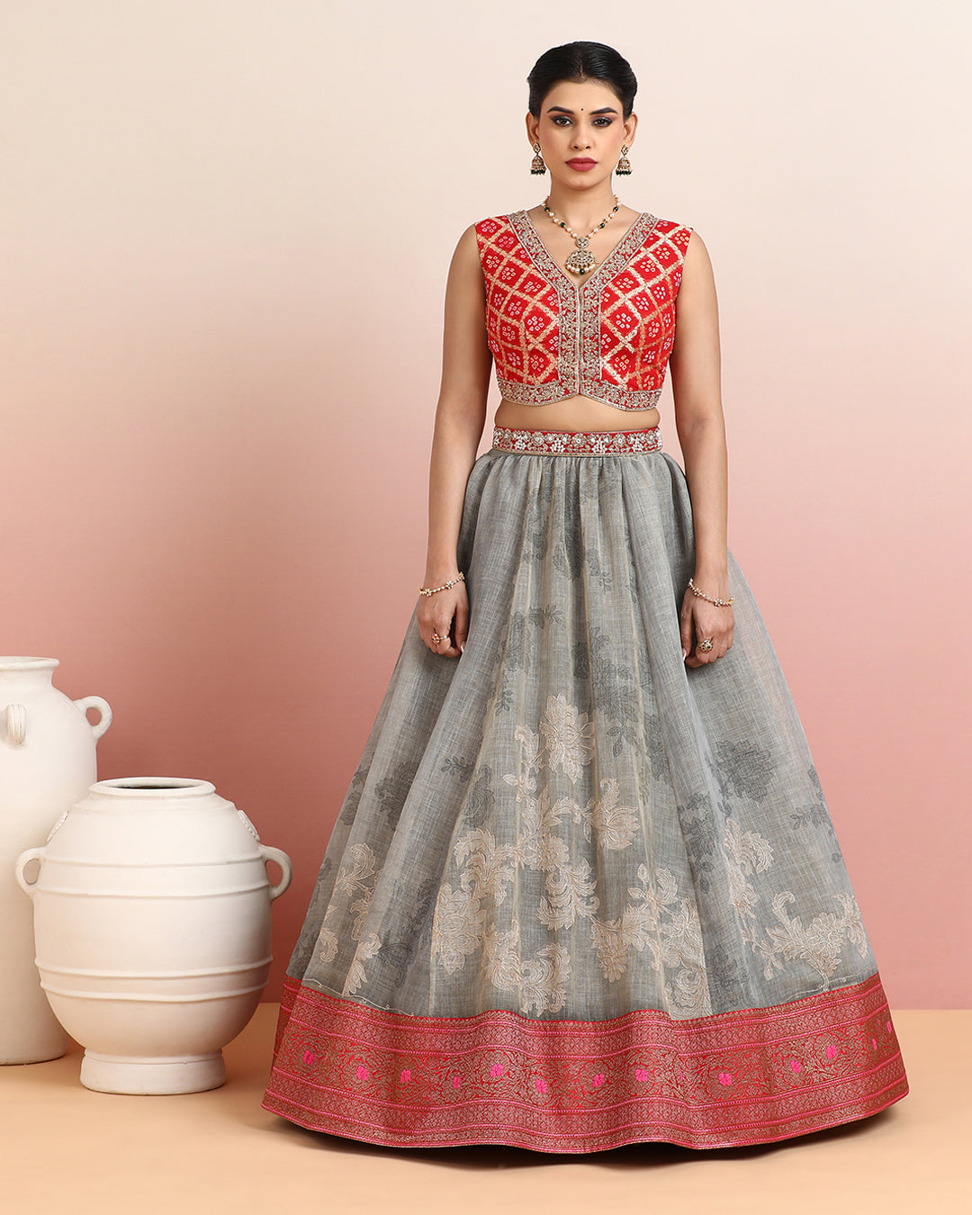 Red Bandhej Crop Top with Grey Floral Woven Skirt