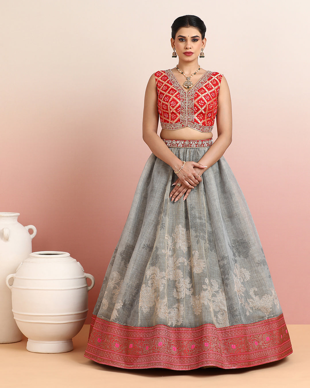 Red Bandhej Crop Top with Grey Floral Woven Skirt