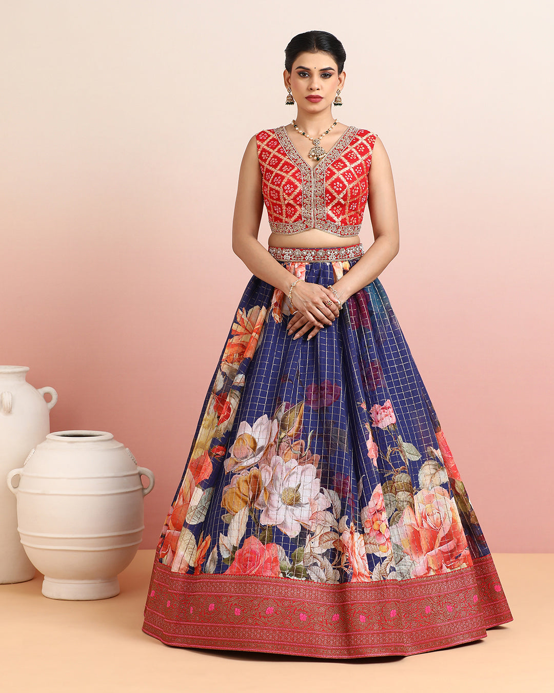 Red Bandhani Crop Top with Navy Blue Floral Printed Skirt