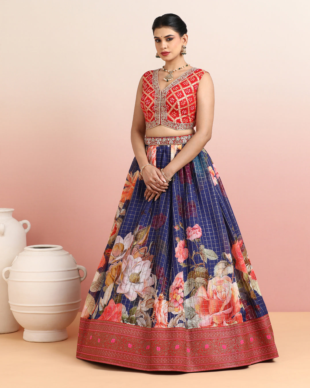Red Bandhani Crop Top with Navy Blue Floral Printed Skirt
