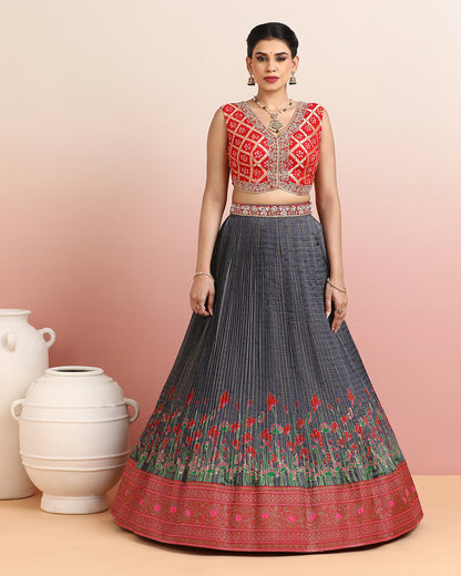 Red Bandhani Crop Top with Grey Floral Pleated Skirt