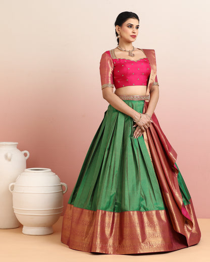 Pink &amp; Green Pre-Draped Lehenga Set