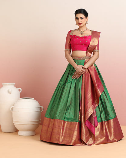 Pink &amp; Green Pre-Draped Lehenga Set