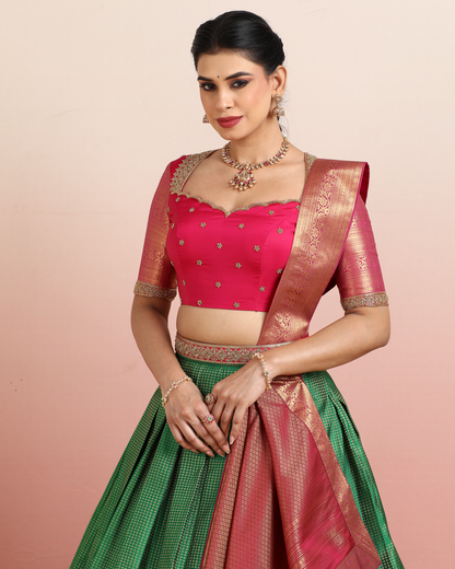 Pink &amp; Green Pre-Draped Lehenga Set