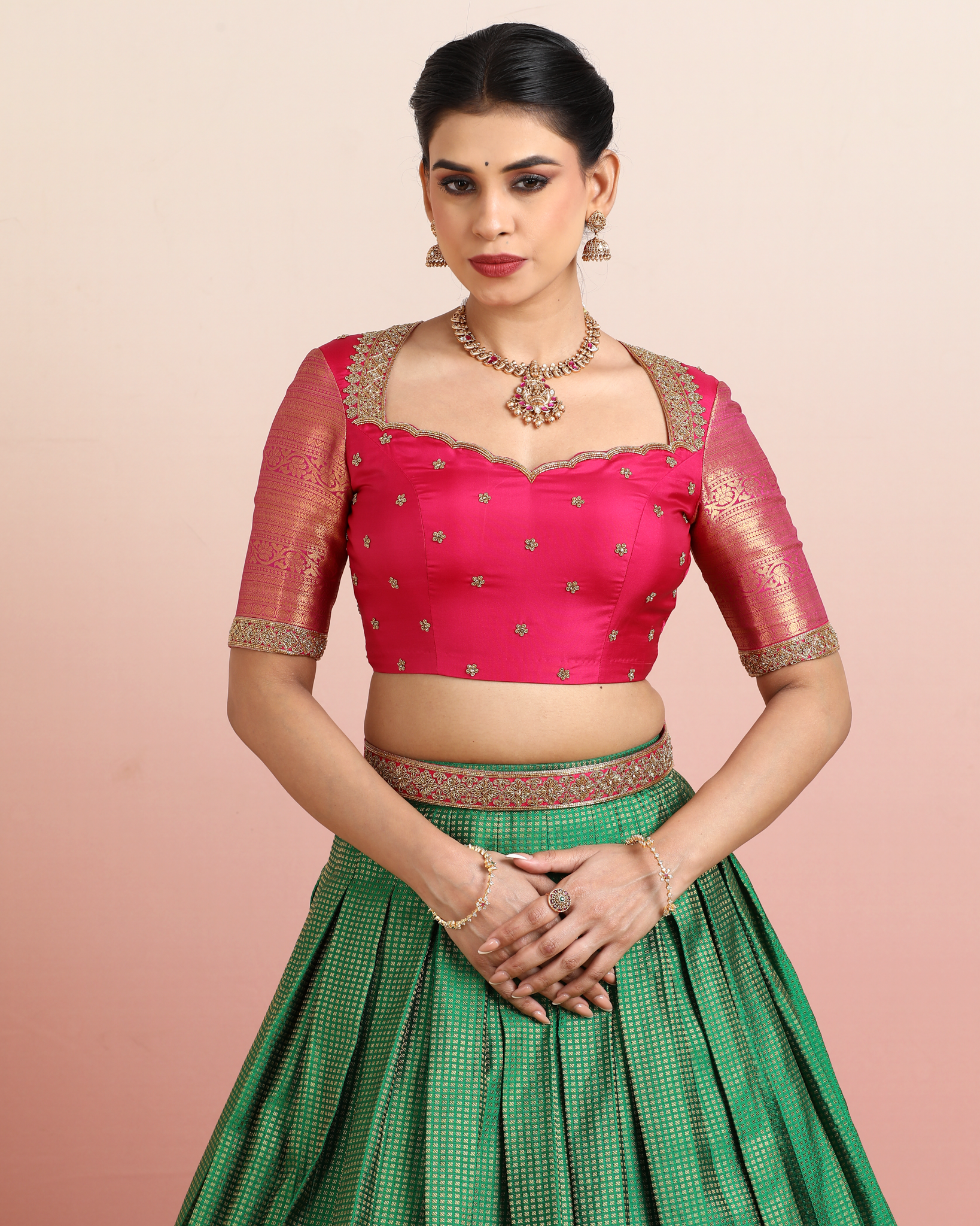Pink &amp; Green Pre-Draped Lehenga Set