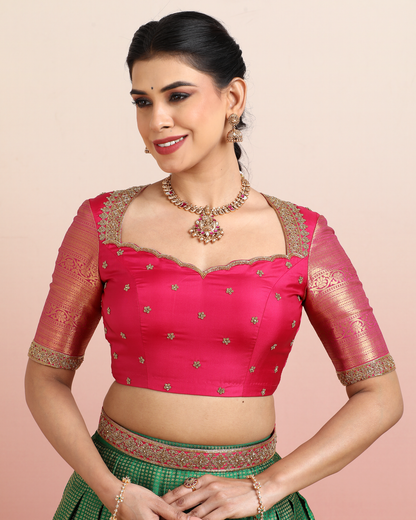 Pink &amp; Green Pre-Draped Lehenga Set