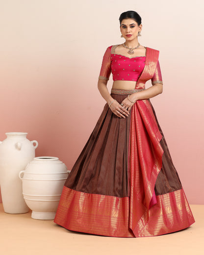 Rose Pink &amp; Chocolate Brown Pre-Draped Lehenga Set