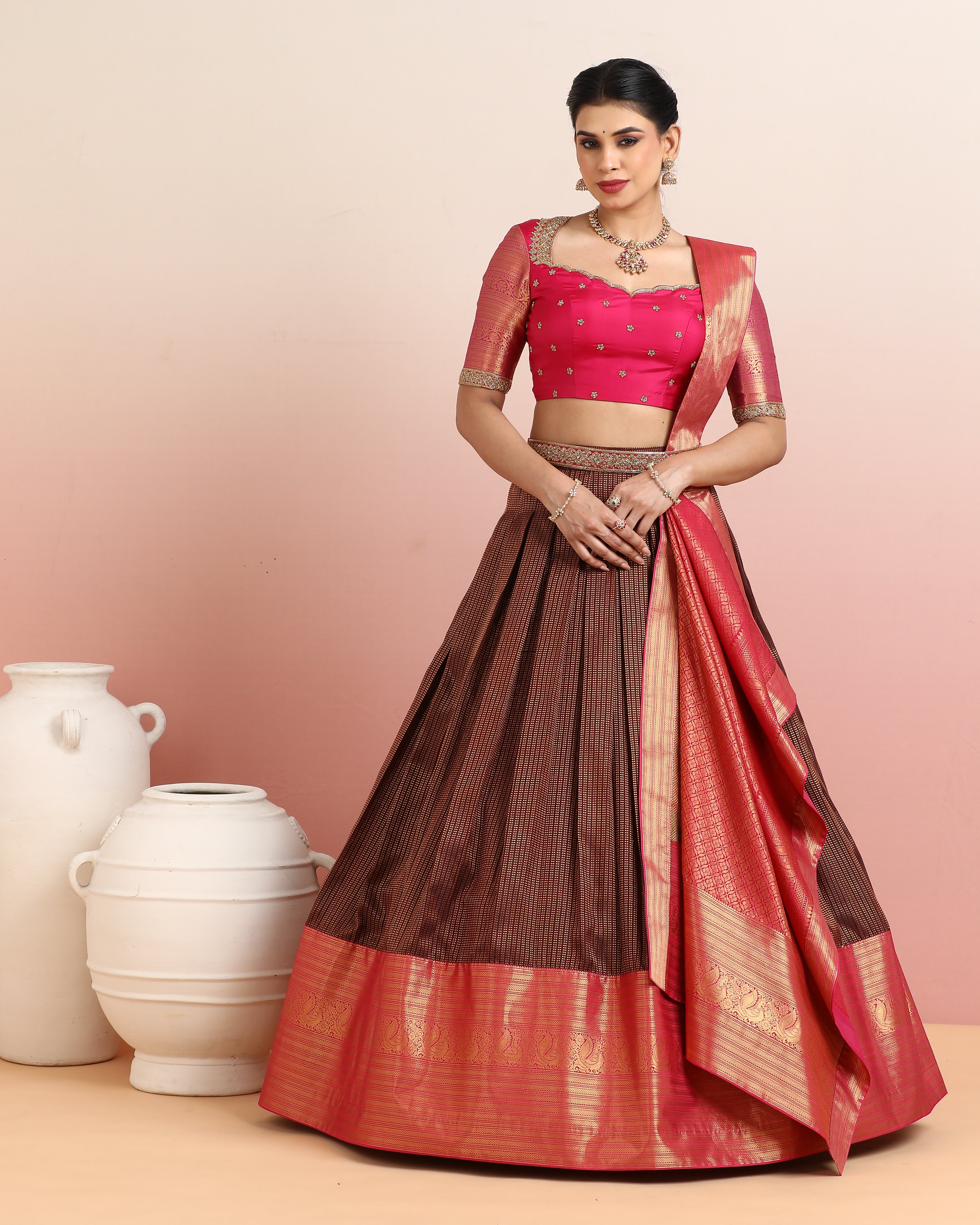 Rose Pink &amp; Chocolate Brown Pre-Draped Lehenga Set