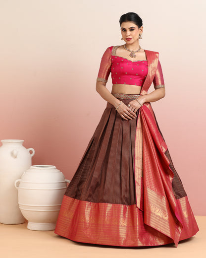 Rose Pink &amp; Chocolate Brown Pre-Draped Lehenga Set
