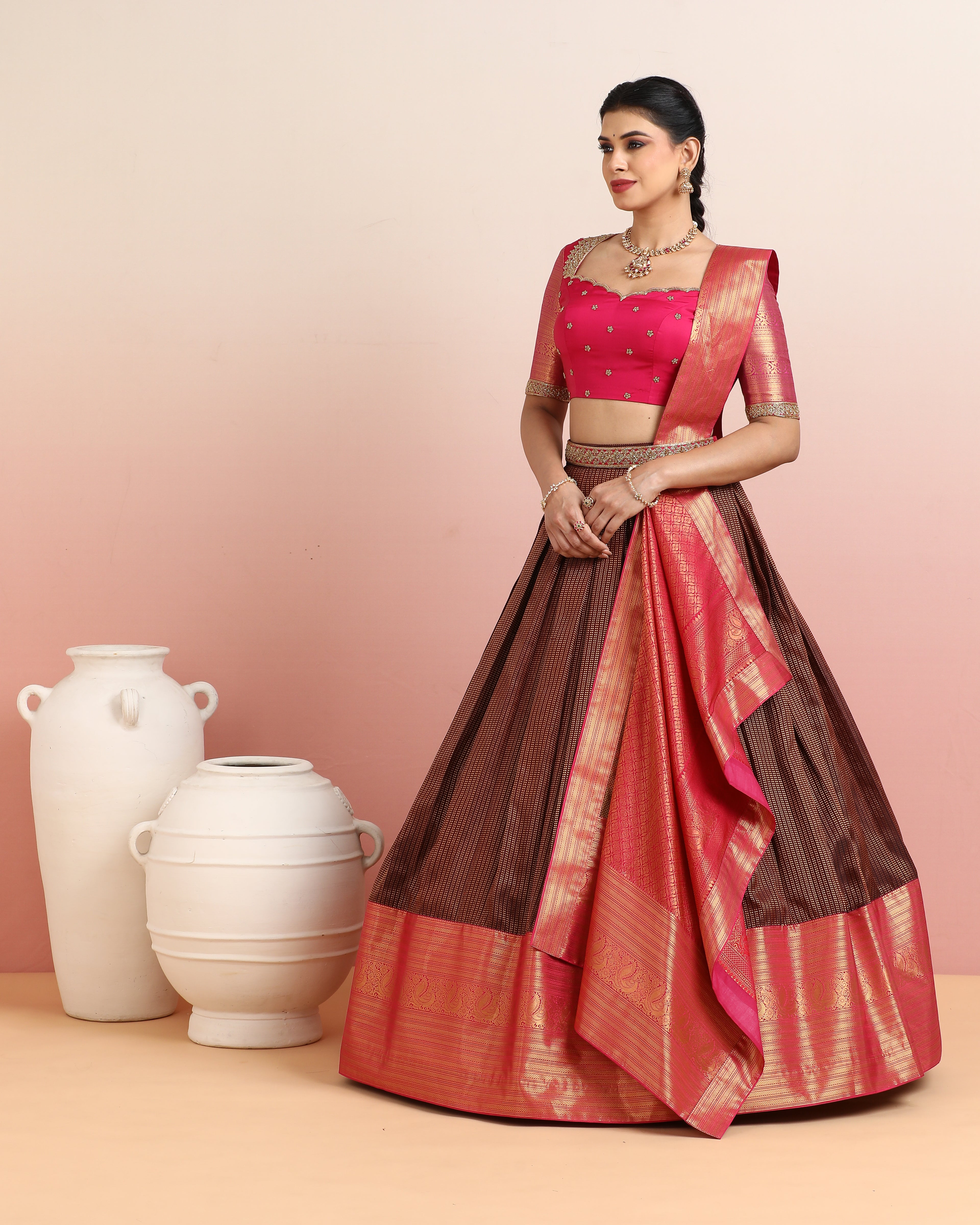 Rose Pink &amp; Chocolate Brown Pre-Draped Lehenga Set