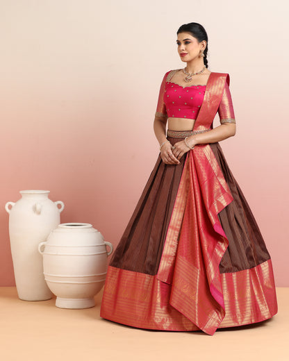 Rose Pink &amp; Chocolate Brown Pre-Draped Lehenga Set