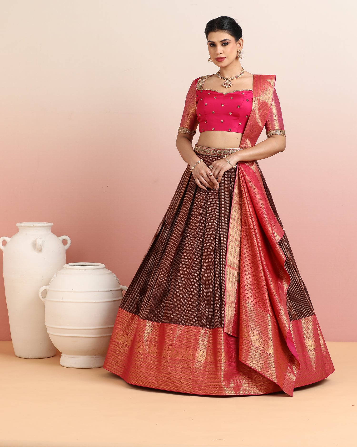 Rose Pink &amp; Chocolate Brown Pre-Draped Lehenga Set