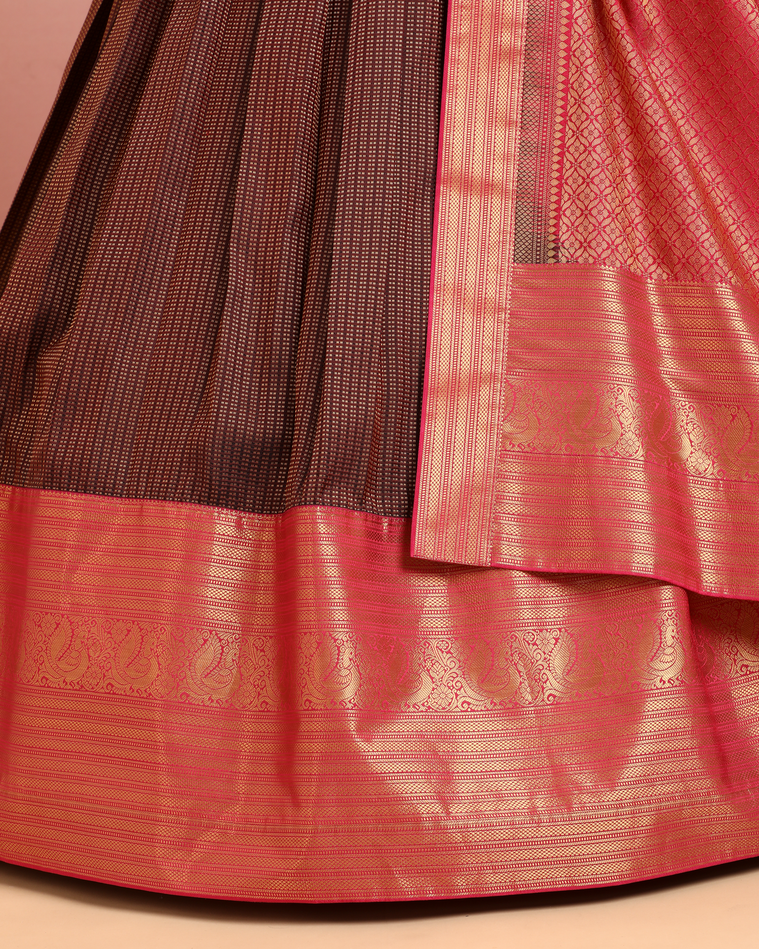 Rose Pink &amp; Chocolate Brown Pre-Draped Lehenga Set