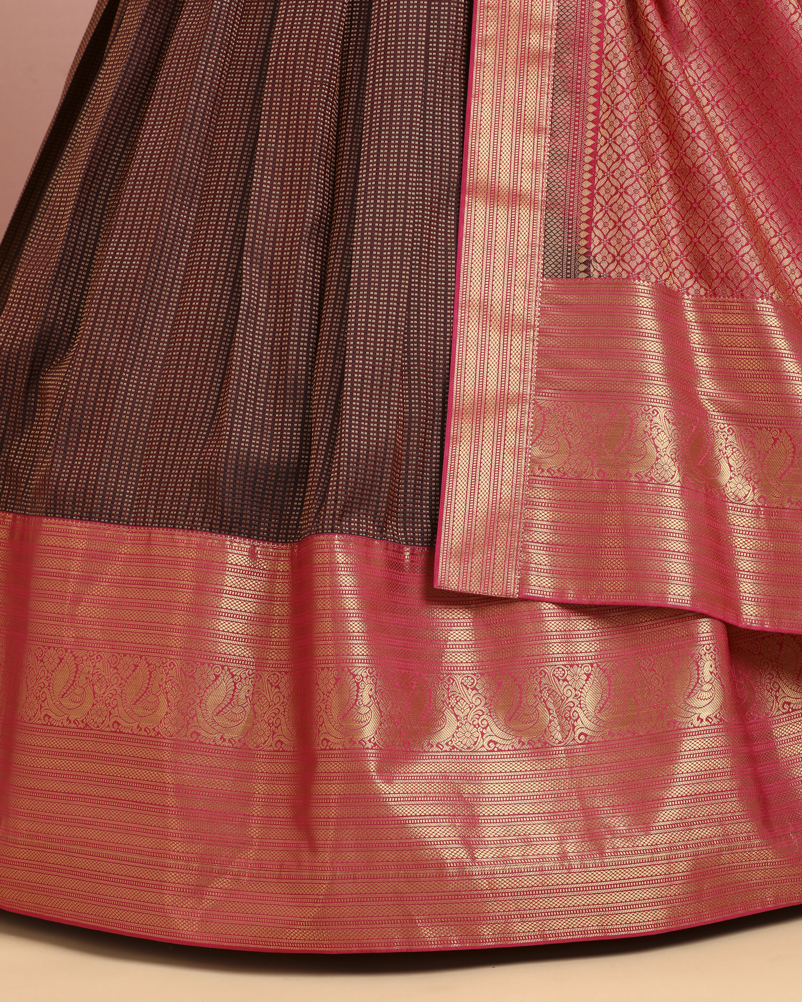 Rose Pink &amp; Chocolate Brown Pre-Draped Lehenga Set