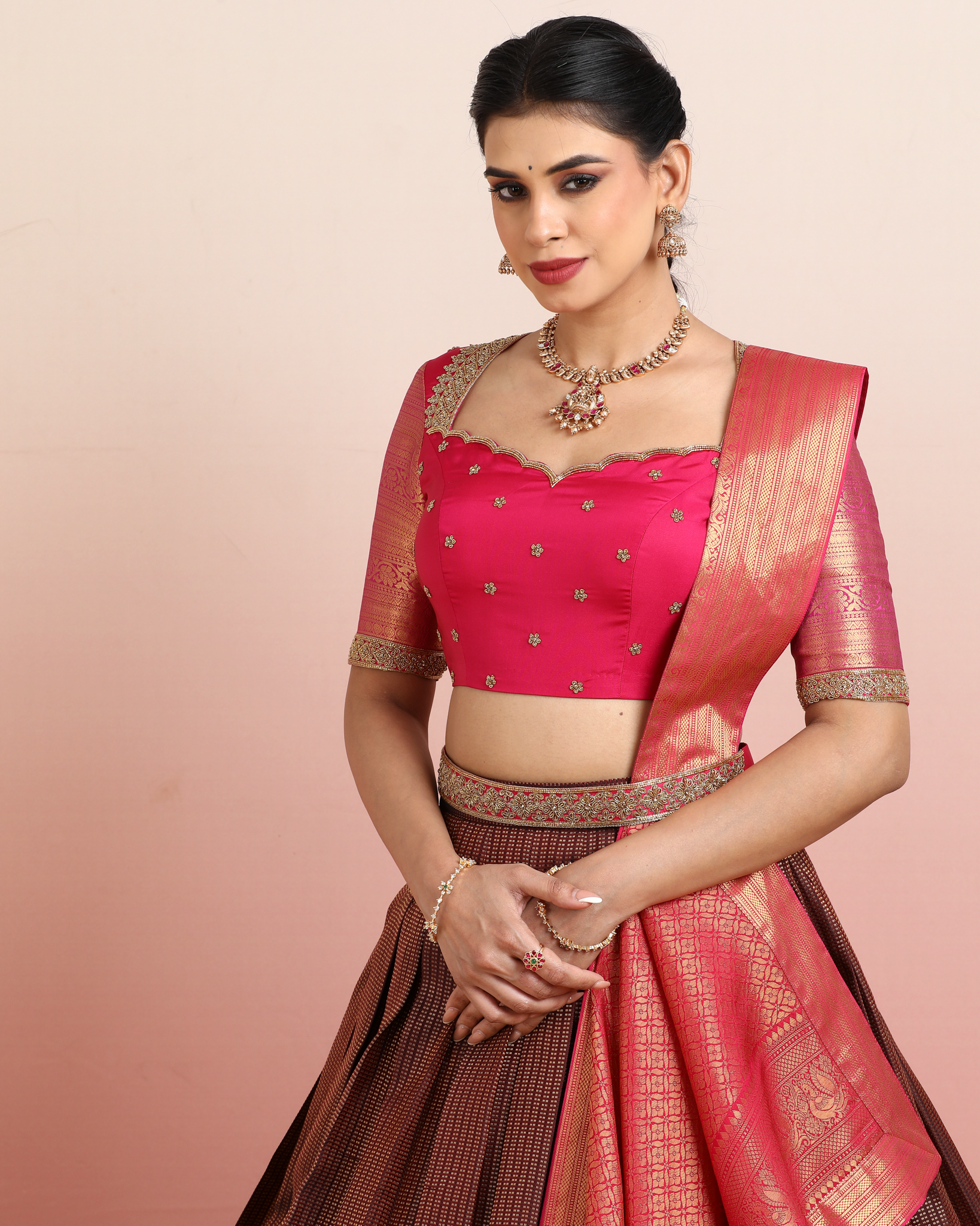 Rose Pink &amp; Chocolate Brown Pre-Draped Lehenga Set