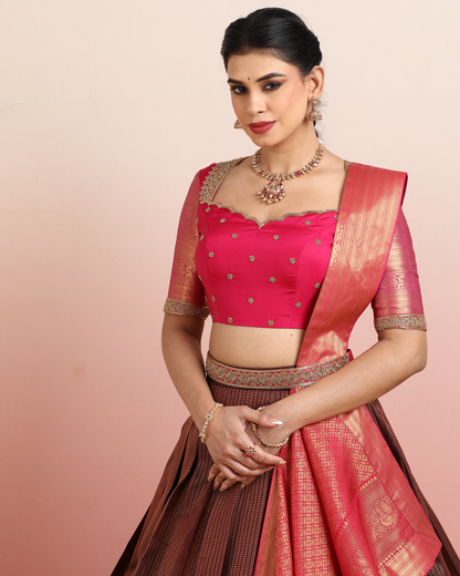 Rose Pink &amp; Chocolate Brown Pre-Draped Lehenga Set
