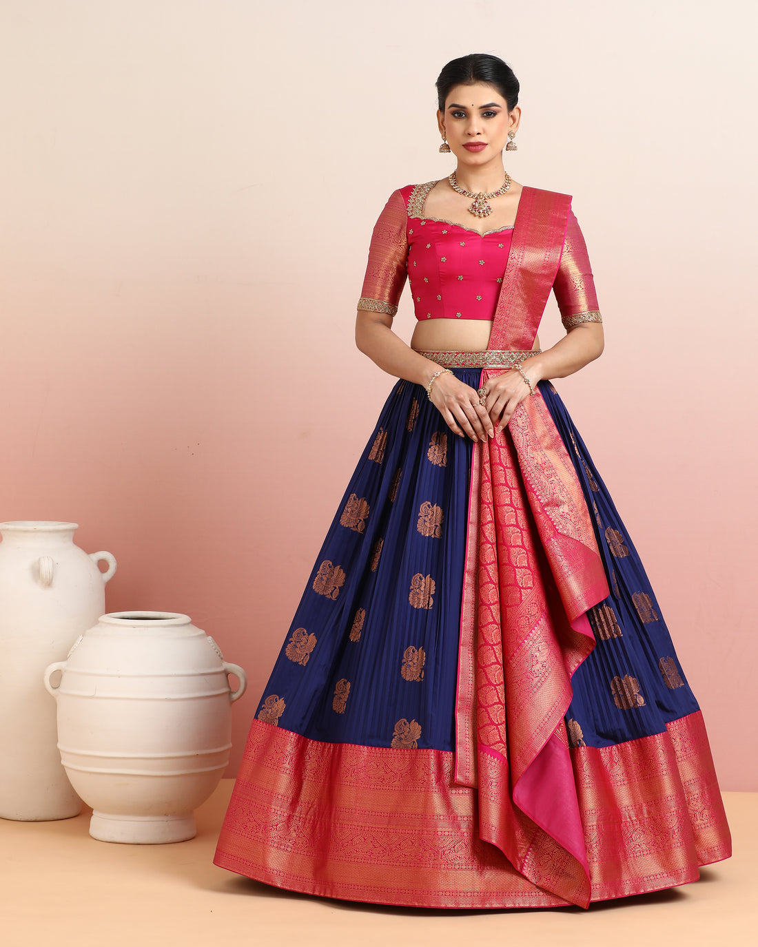 Pink &amp; Blue Pre-Draped Lehenga Set