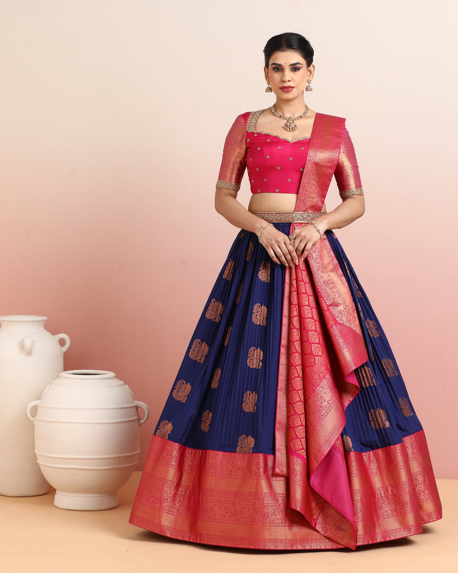Pink &amp; Blue Pre-Draped Lehenga Set