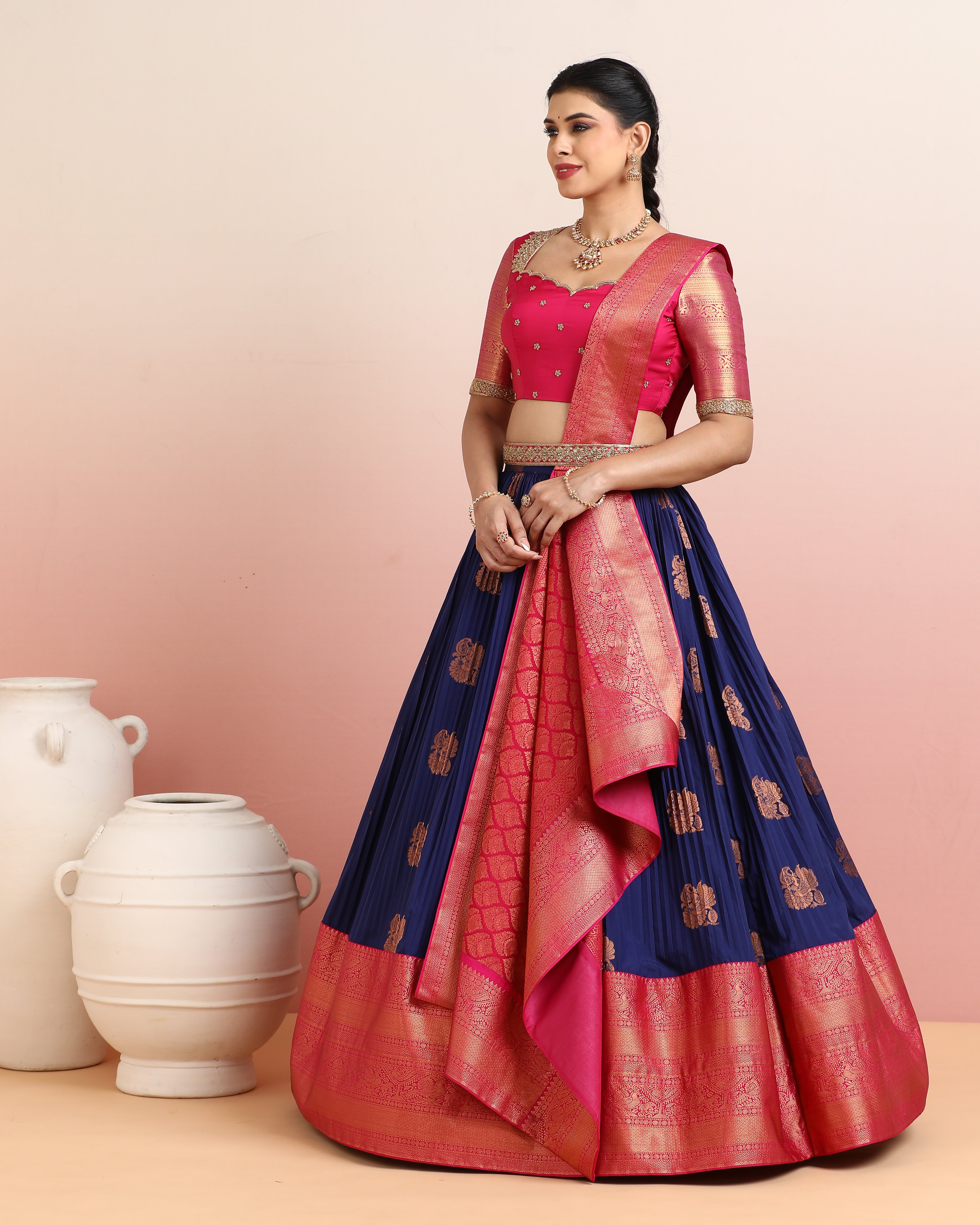 Pink &amp; Blue Pre-Draped Lehenga Set