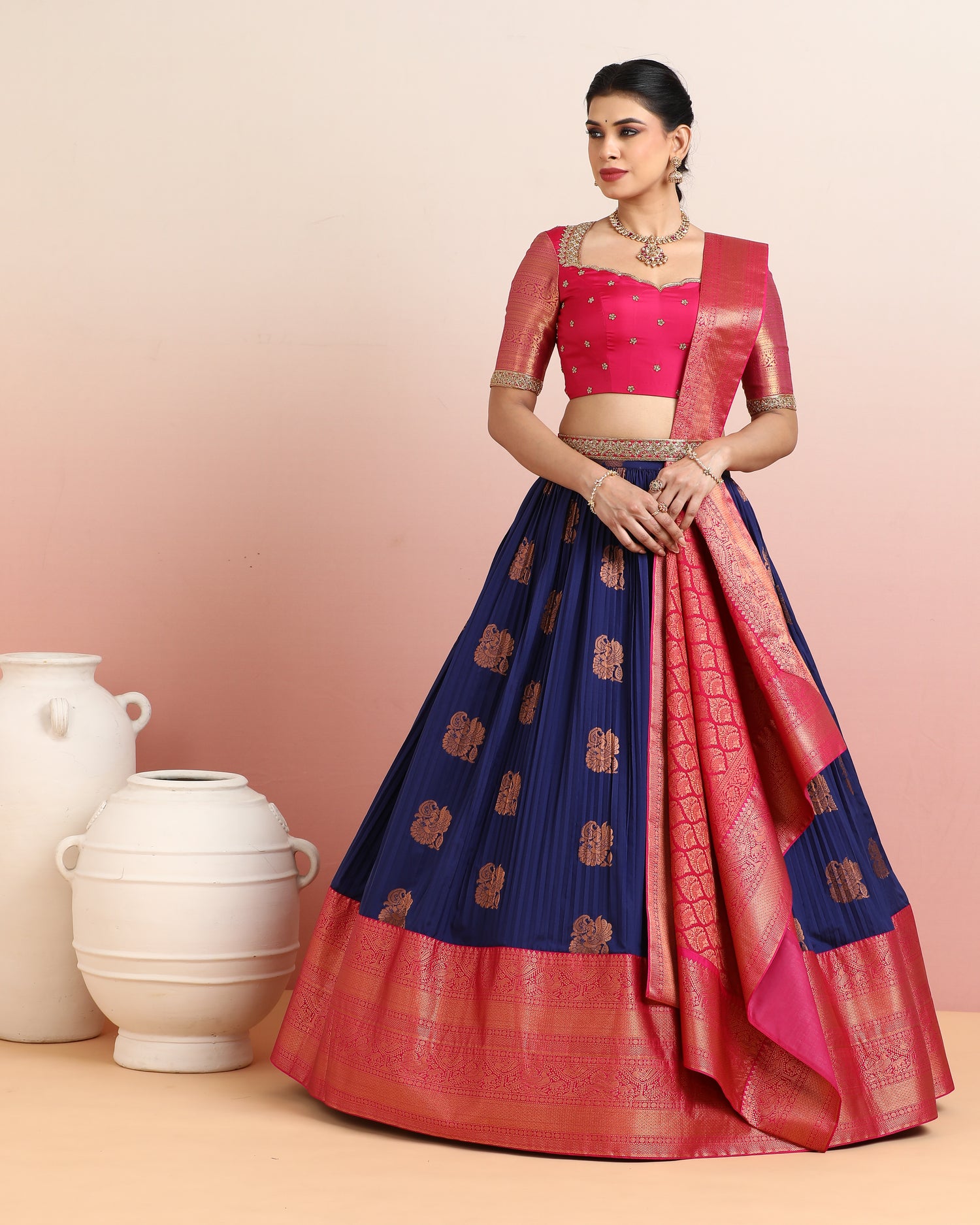Pink &amp; Blue Pre-Draped Lehenga Set