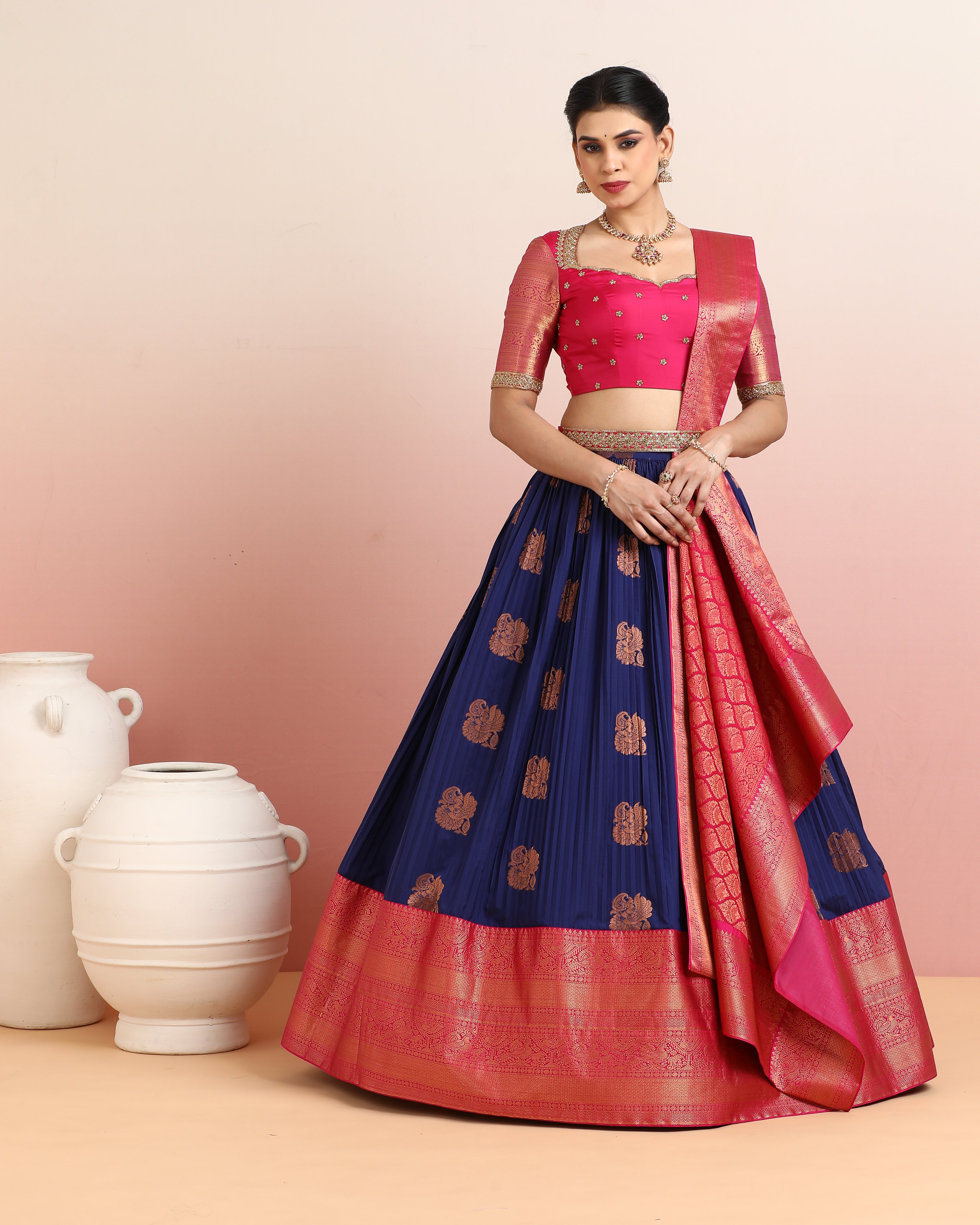 Pink &amp; Blue Pre-Draped Lehenga Set