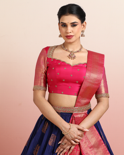 Pink &amp; Blue Pre-Draped Lehenga Set
