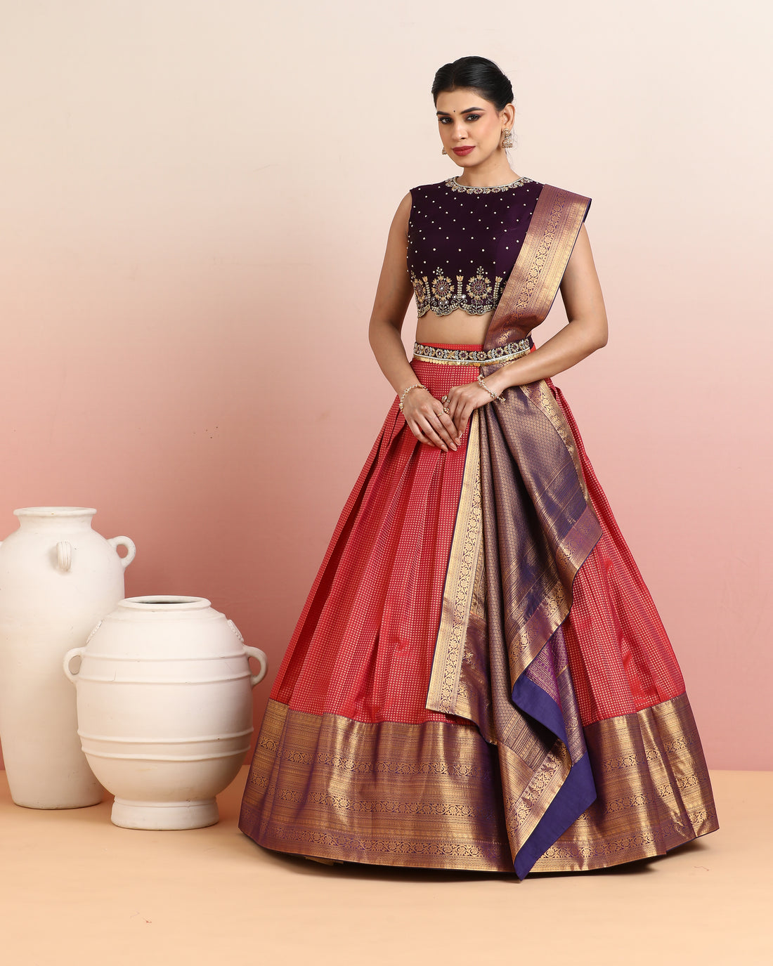 Pink &amp; Maroon Pre-Draped Lehenga Set