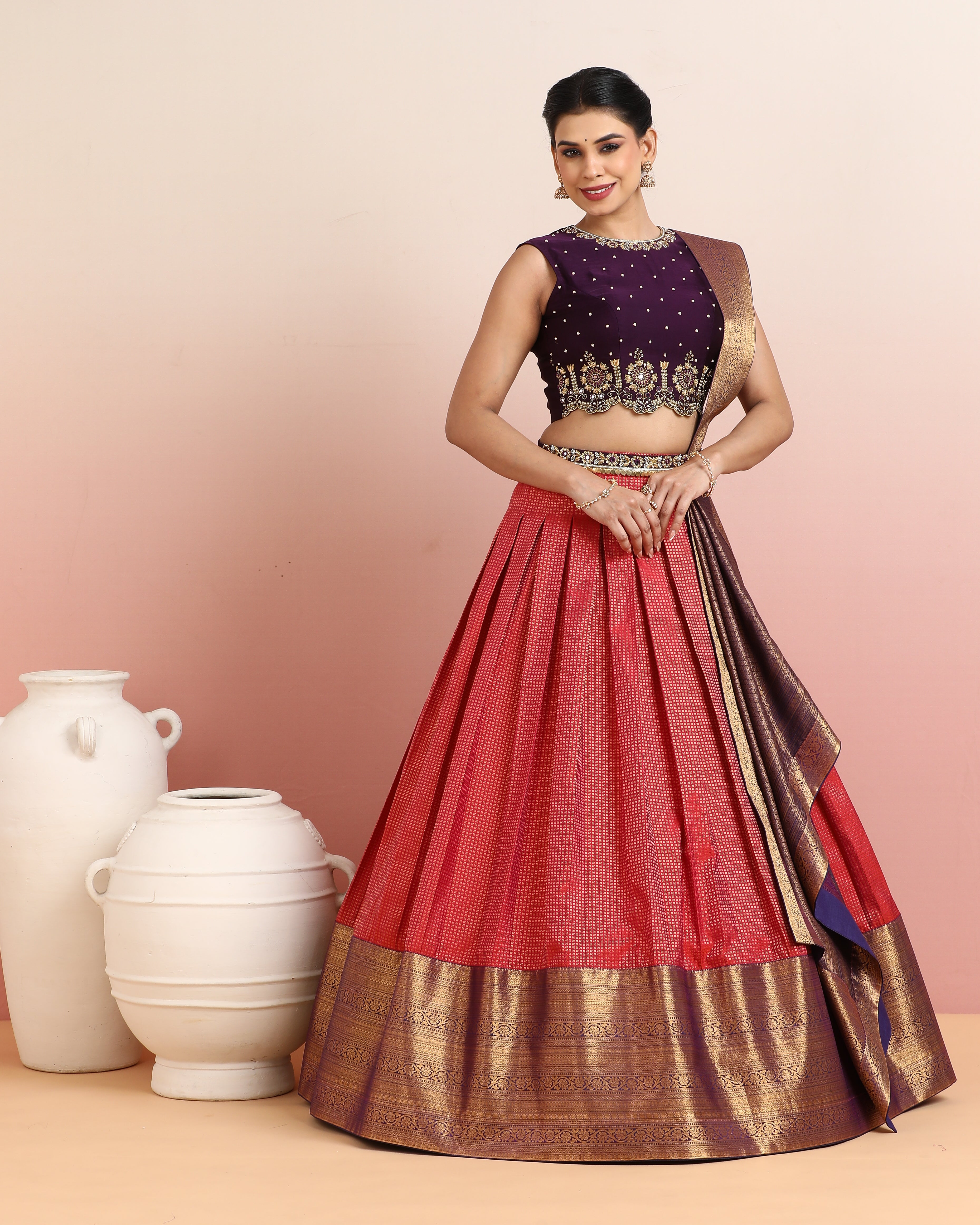 Pink &amp; Maroon Pre-Draped Lehenga Set